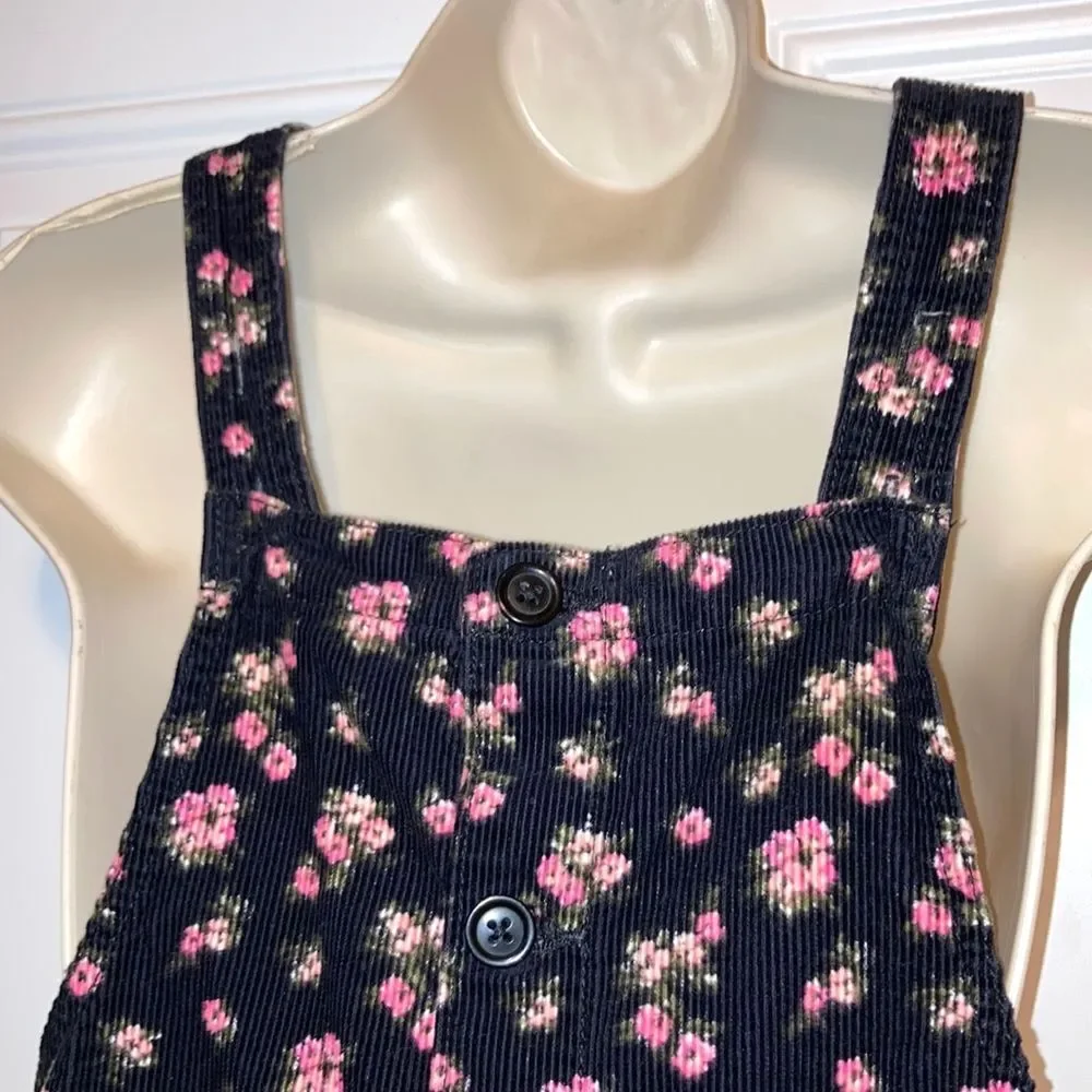THE CHILDRENS PLACE Overall Dungarees Dress Black with Pink Flower Girls Size 14